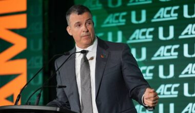 Jul 15, 2026; Charlotte, NC, USA;   Miami head coach Mario Cristobal speaks to the media during ACC Media Days at Hilton Charlotte Uptown. Mandatory Credit: Jim Dedmon-Imagn Images