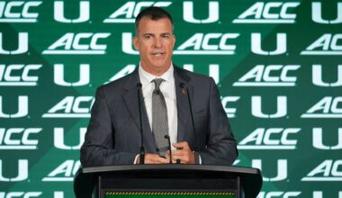 Jul 15, 2026; Charlotte, NC, USA;   Miami head coach Mario Cristobal speaks to the media during ACC Media Days at Hilton Charlotte Uptown. Mandatory Credit: Jim Dedmon-Imagn Images