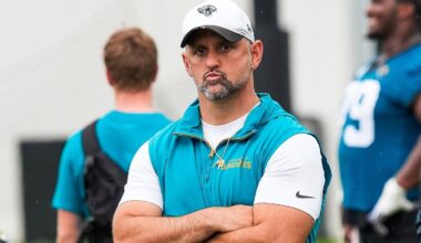 Jacksonville Jaguars defensive coordinator Anthony Campanile, center, stands over his crew after the second day of minicamp at the Miller Electric Center, Wednesday, June 10, 2026, in Jacksonville.