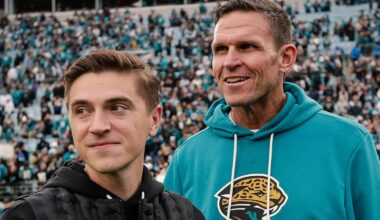 Jan 4, 2026; Jacksonville, Florida, USA; Jacksonville Jaguars executive vice president of football operations Tony Boselli and general manager James Gladstone look on after the game against the Tennessee Titans at EverBank Stadium.