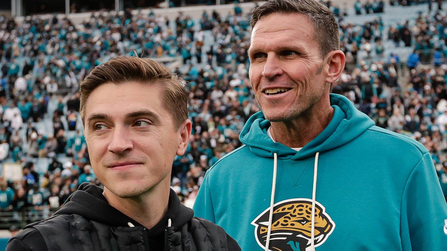 Jan 4, 2026; Jacksonville, Florida, USA; Jacksonville Jaguars executive vice president of football operations Tony Boselli and general manager James Gladstone look on after the game against the Tennessee Titans at EverBank Stadium.