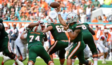 Oct 21, 2017; Miami Gardens, FL, USA; Miami Hurricanes quarterback Malik Rosier (12) attempts a pass against the Syracuse Orange during the first half at Hard Rock Stadium. Mandatory Credit: Jasen Vinlove-USA TODAY Sports