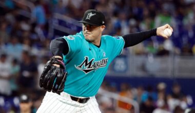 Jun 21, 2026; Miami, Florida, USA;  Miami Marlins relief pitcher John King (47) throws against the San Francisco Giants during the sixth inning at loanDepot Park. Mandatory Credit: Rhona Wise-Imagn Images