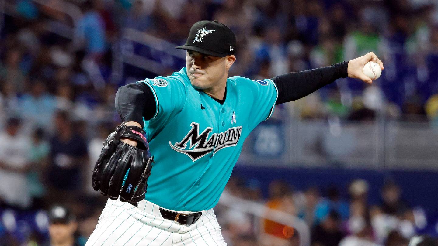 Jun 21, 2026; Miami, Florida, USA;  Miami Marlins relief pitcher John King (47) throws against the San Francisco Giants during the sixth inning at loanDepot Park. Mandatory Credit: Rhona Wise-Imagn Images