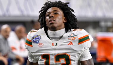 Dec 31, 2025; Arlington, TX, USA; Miami Hurricanes defensive back Bryce Fitzgerald (13) walks off the field after the 2025 Cotton Bowl and quarterfinal game of the College Football Playoff at AT&T Stadium. Mandatory Credit: Jerome Miron-Imagn Images