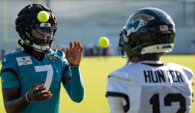 Jacksonville Jaguars wide receiver Brian Thomas Jr. (7) and Jacksonville Jaguars wide receiver Travis Hunter (12) use tennis balls in a drill during an NFL training camp fourth session at the Miller Electric Center, Sunday, July 27, 2025, in Jacksonville, Fla. [Doug Engle/Florida Times-Union]