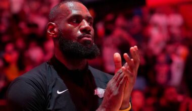 LeBron James (23) during pregame ceremonies before a game against the Miami Heat at Kaseya Center.