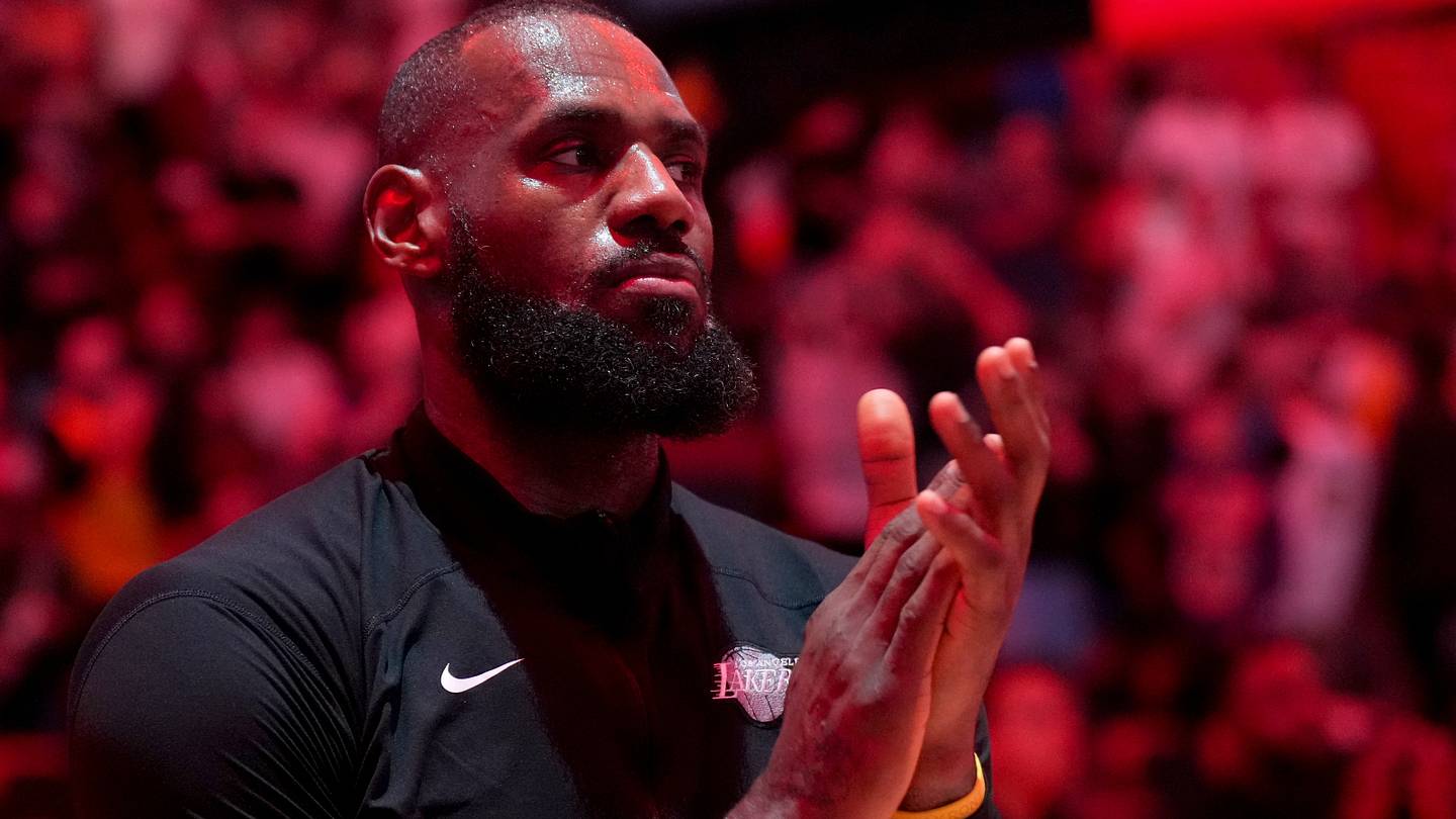 LeBron James (23) during pregame ceremonies before a game against the Miami Heat at Kaseya Center.