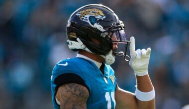 Jacksonville Jaguars wide receiver Parker Washington (11) reacts to his first down pickup during the third quarter of an NFL football AFC Wild Card playoff matchup, Sunday, Jan. 11, 2026, in Jacksonville, Fla. The Bills defeated the Jaguars 27-24. [Corey Perrine/Florida Times-Union]