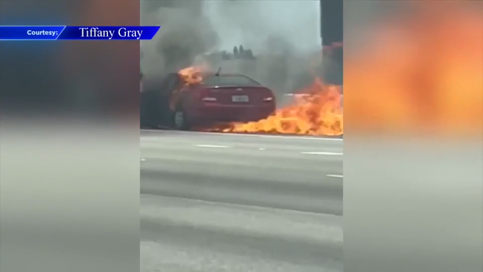 Fire crews extinguish burning car on Palmetto Expressway in Medley; no injuries reported - WSVN 7News | Miami News, Weather, Sports