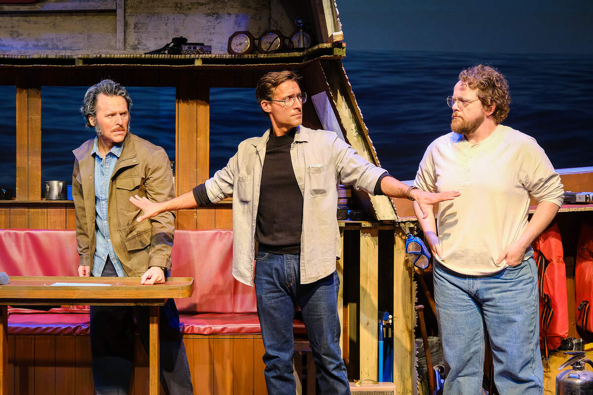 Iain Batchelor (Robert Shaw), Adam Poole (Roy Scheider) and Wesley Slade(Richard Dreyfuss) in The Shark Is Broken at Actors’ Playhouse at the MiracleTheatre.