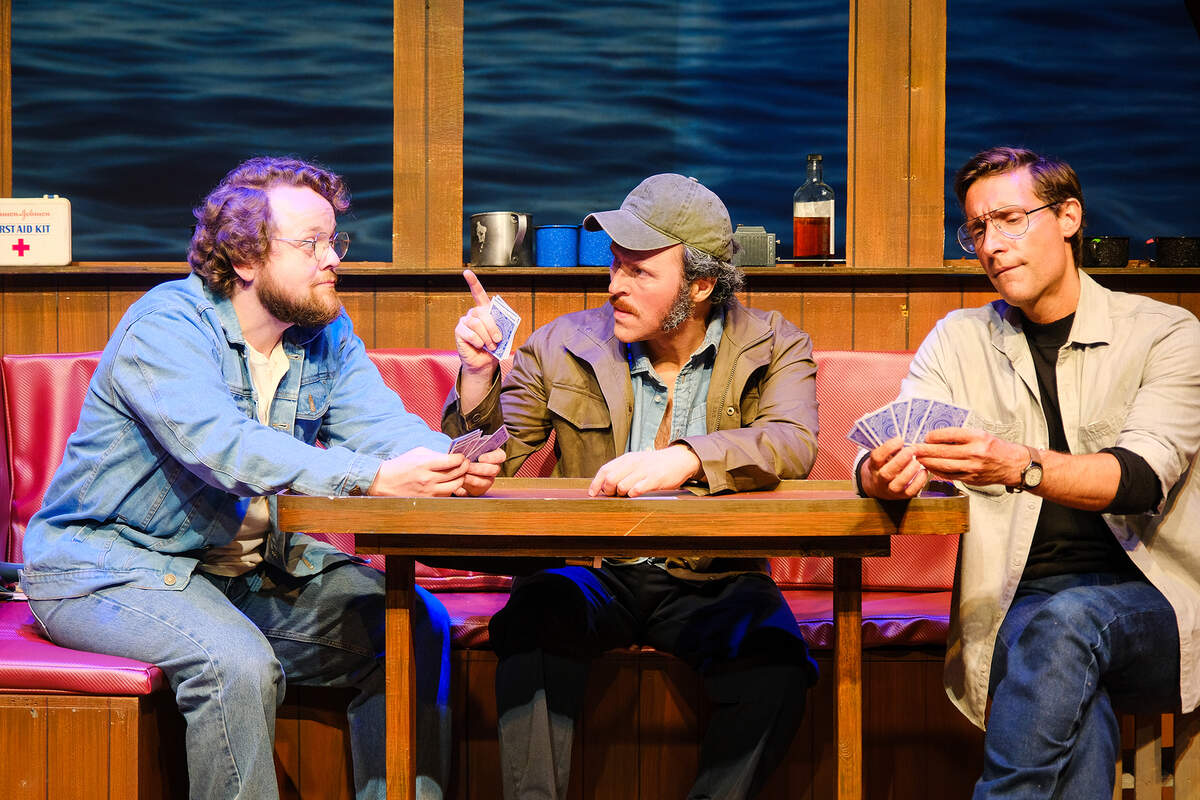 Wesley Slade (Richard Dreyfuss), Iain Batchelor (Robert Shaw) and Adam Poole(Roy Scheider) in The Shark Is Broken at Actors’ Playhouse at the MiracleTheatre.