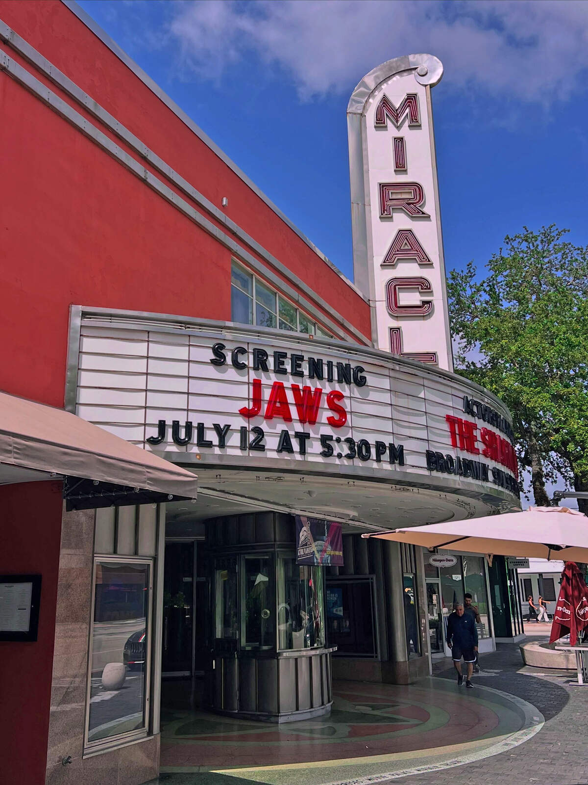 The Miracle Theatre marquee announces the Sunday, July 12, 2026, screening of “Jaws.”