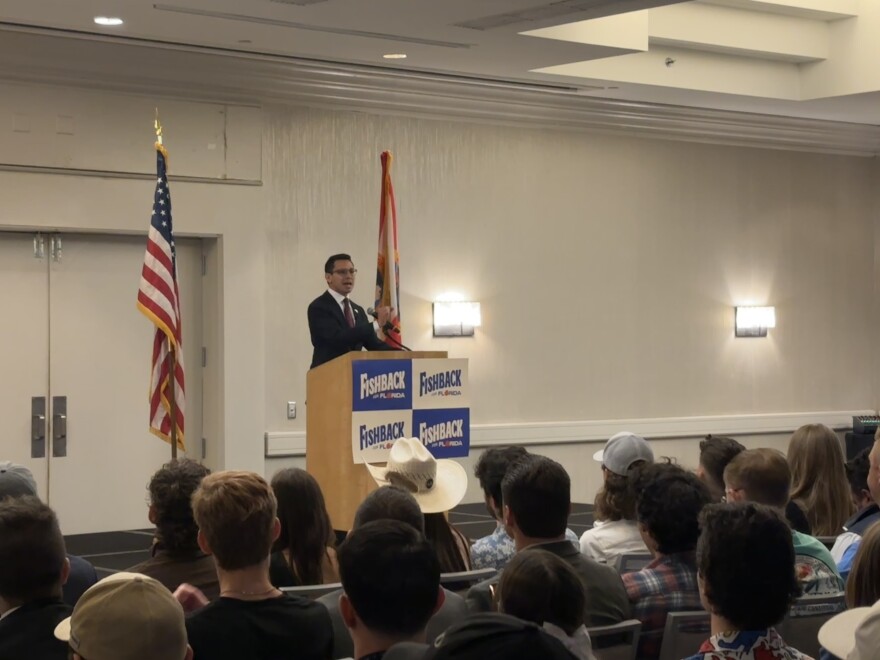 James Fishback, insurgent Republican candidate for governor, addresses a crowed of approximately 200 people — mostly young men — in Fort Lauderdale on Saturday, June 28, 2026.