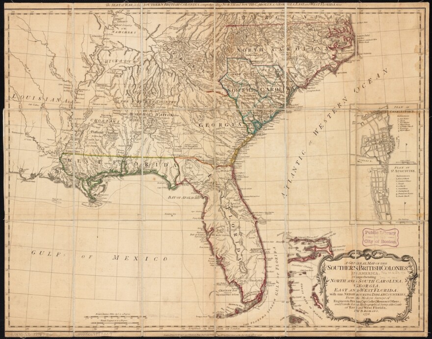 Vintage map of Southern British Colonies, showing detailed regions of Georgia, East Florida and West Florida and Carolina.
