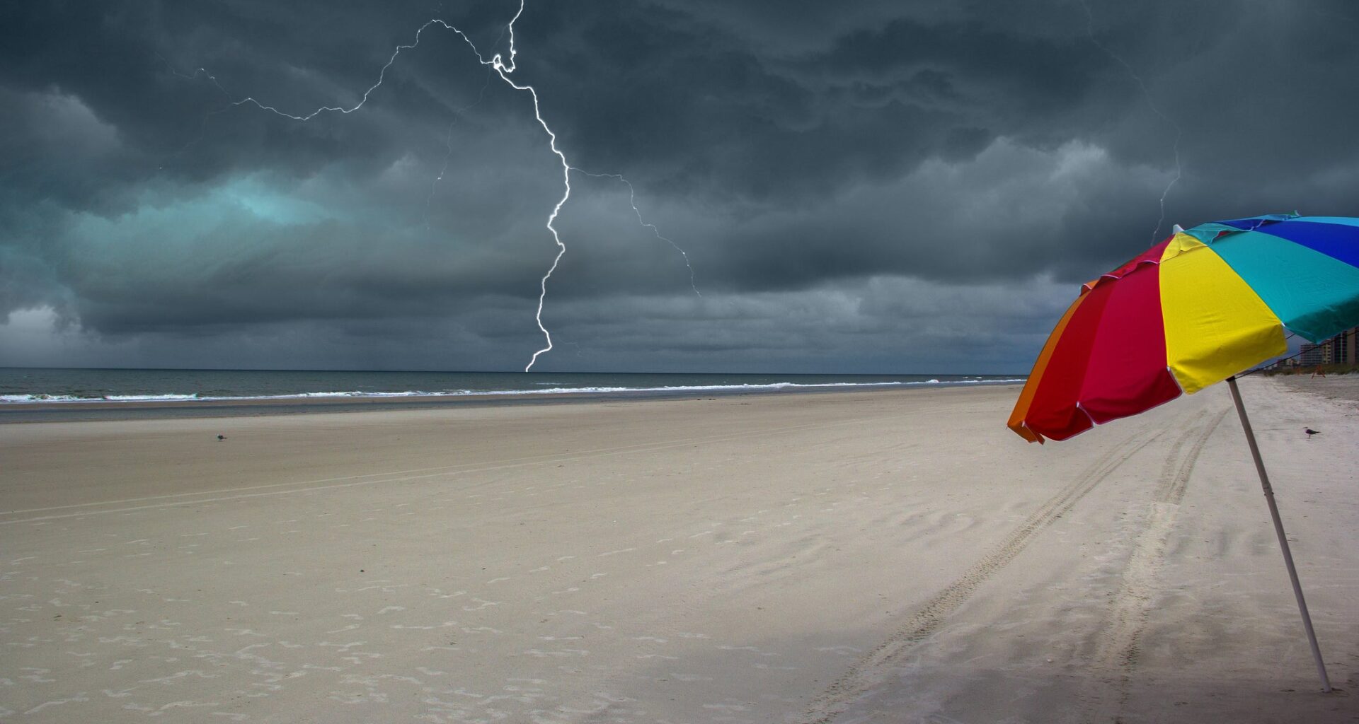 lightning strikes, storm clouds, beach