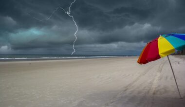 lightning strikes, storm clouds, beach