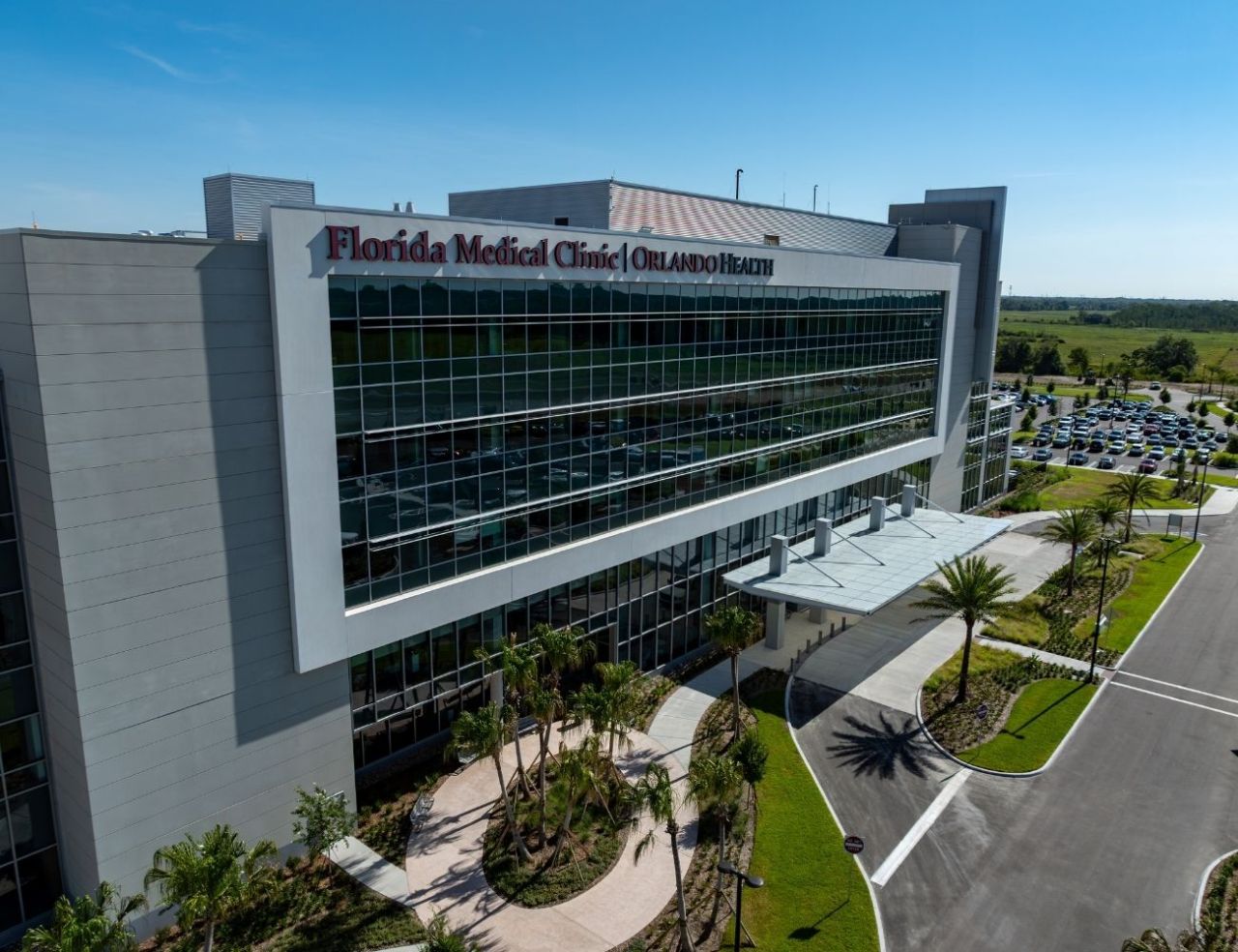 Aerial view of Florida Medical Clinic Orlando Health's Wiregrass Ranch Hospital in Wesley Chapel.