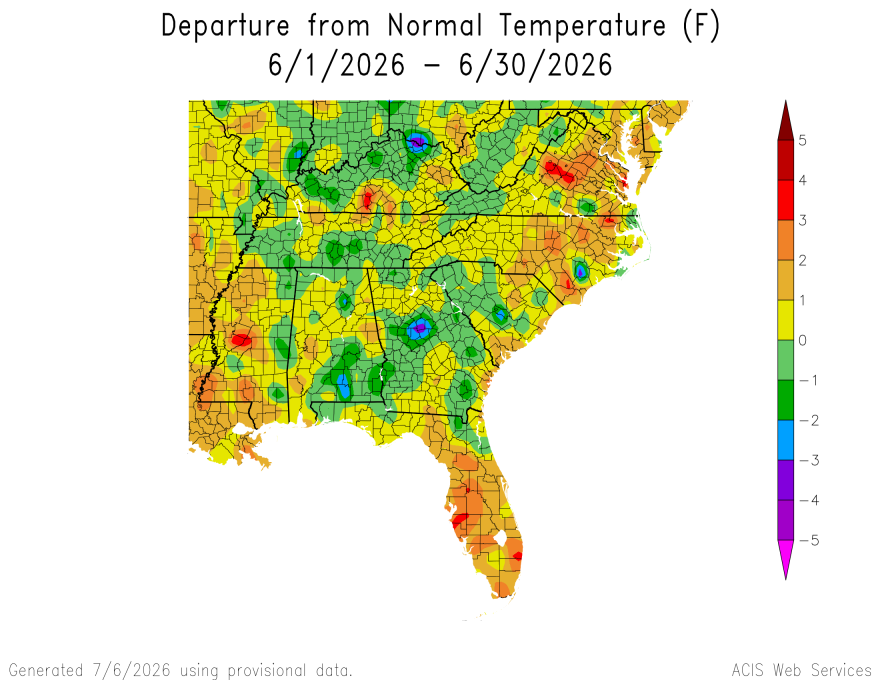 June temperature departure map.