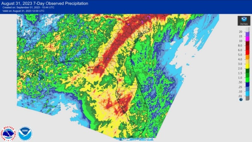 Precipitation accumulations around the time of Hurricane Idalia in 2023.