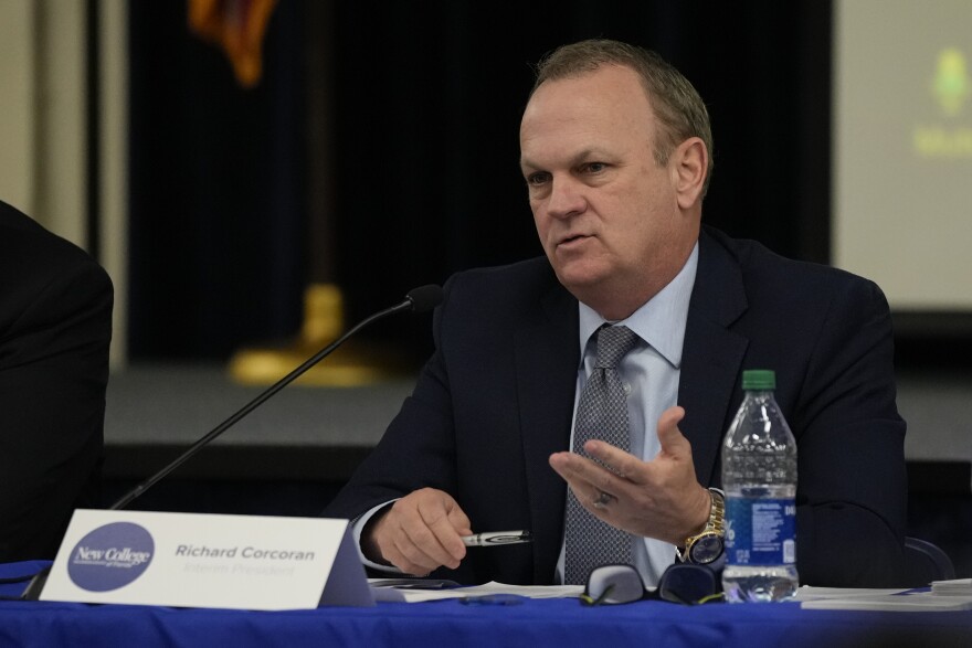 New College of Florida's Interim President Richard Corcoran speaks during a meeting of the college's board of trustees, Tuesday, Feb. 28, 2023, in Sarasota, Fla. Trustees picked by Republican Gov. Ron DeSantis to oversee Florida's public college voted Tuesday to abolish its small office that handles diversity, equity and inclusion programs, targeted by conservatives throughout the state university system. (AP Photo/Rebecca Blackwell)