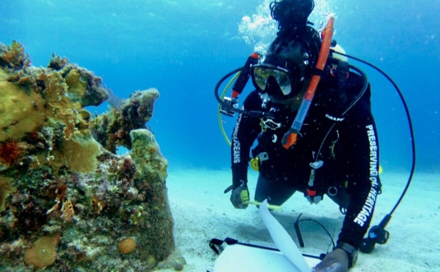 Shellie Baxter examines a portion of the Porter Anchor Wreck.