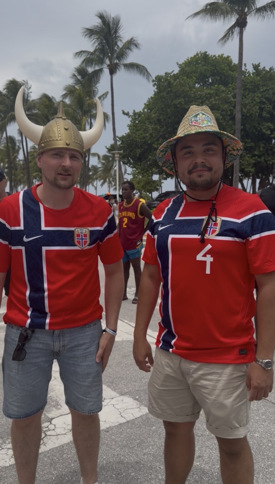 Norwegian fans Per Arne Fredheim (left) and Sascha-Benno Klatza (right) in Miami Beach on July 10, 2026.
