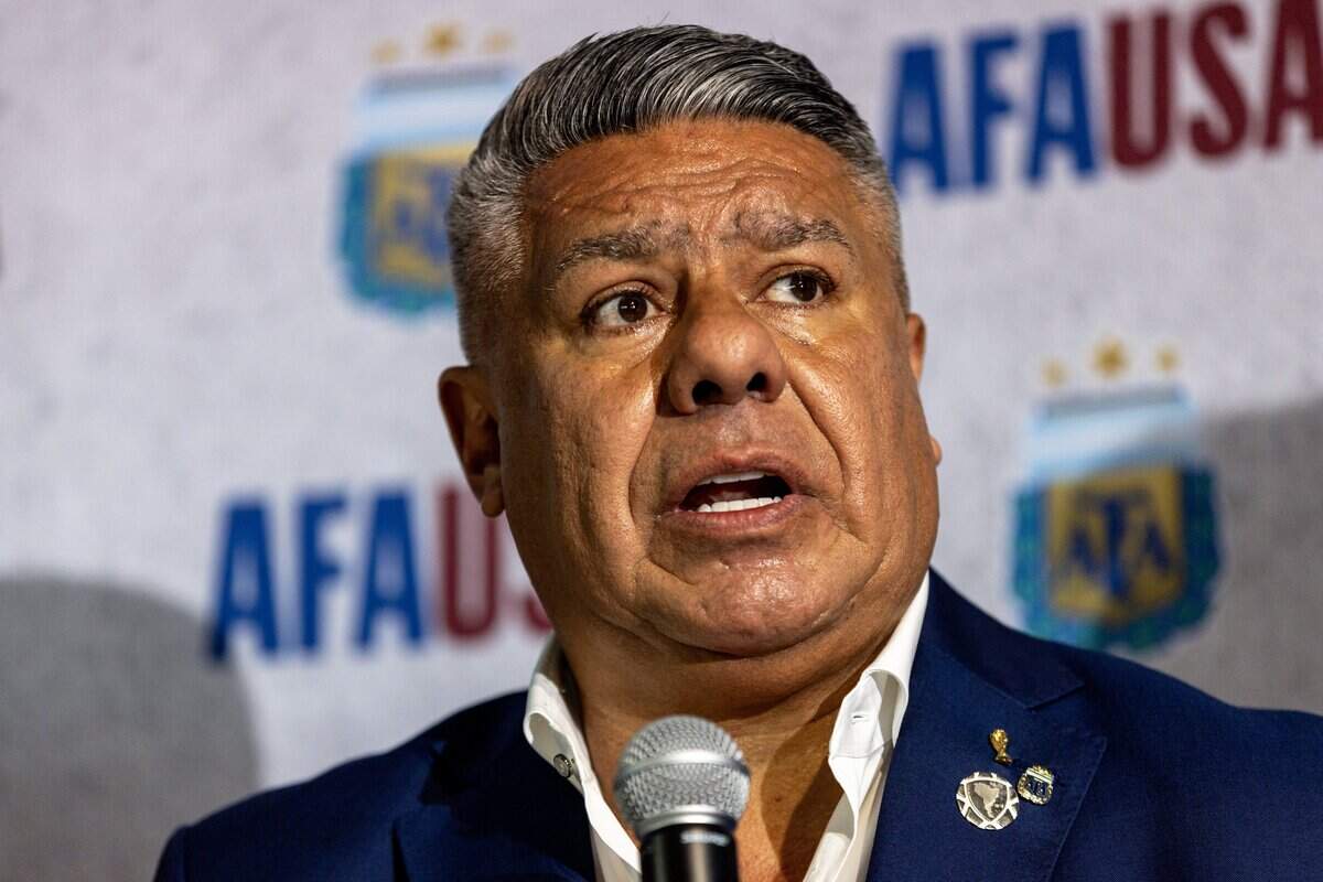 Argentine Football Association President Claudio Tapia speaks during the unveiling of the new AFA offices in Wynwood on December 7, 2023.