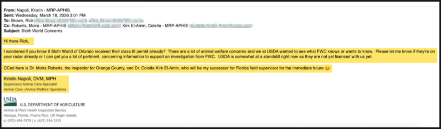 A March 18 email from a U.S. Department of Agriculture official to Florida Fish and Wildlife Conservation Commission officials says the federal agency had “a lot of animal welfare concerns” about an Orlando sloth attraction business.