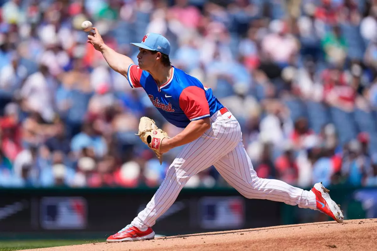 National League pitcher Gage Wood throws during the first inning of the MLB All-Star Futures baseball game against the American League on Sunday, July 12, 2026, in Philadelphia. (AP Photo/Chris Szagola)