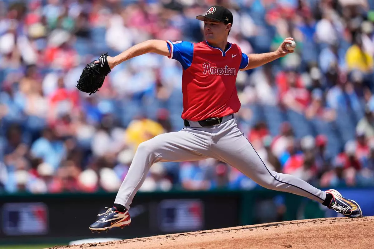 American League pitcher Max Anderson throws during the first inning of a MLB All-Star Futures baseball game against the National League on Sunday, July 12, 2026, in Philadelphia. (AP Photo/Chris Szagola)