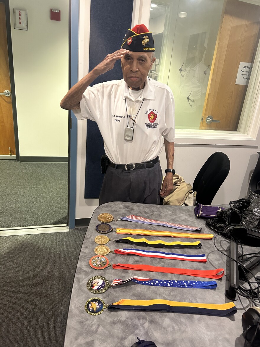Retired Gunnery Sergeant F.M. Hooper, a 98-year-old Montfort Point Marine and Congressional Gold Medal recipient, at WHQR studios.