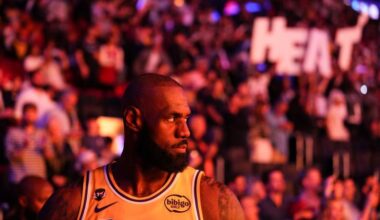 LeBron James before a Los Angeles Lakers game amid ongoing NBA free agency speculation linking him to the Miami Heat.