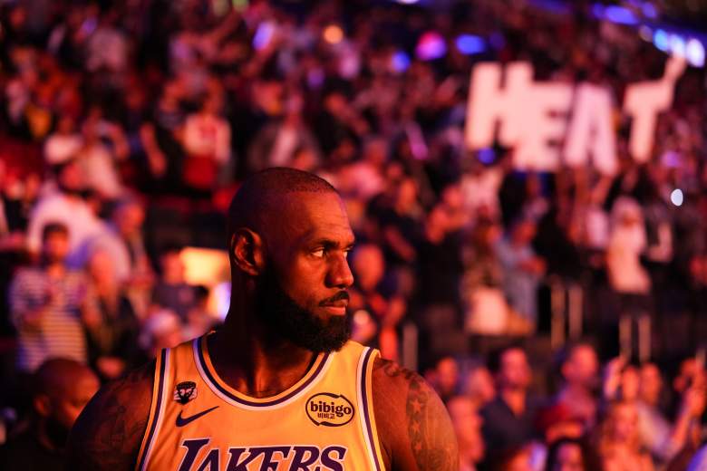 LeBron James before a Los Angeles Lakers game amid ongoing NBA free agency speculation linking him to the Miami Heat.