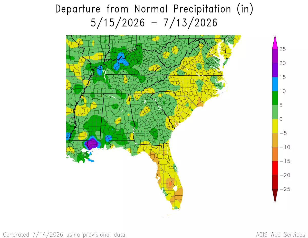 Precipitation departure map across the Southeast.