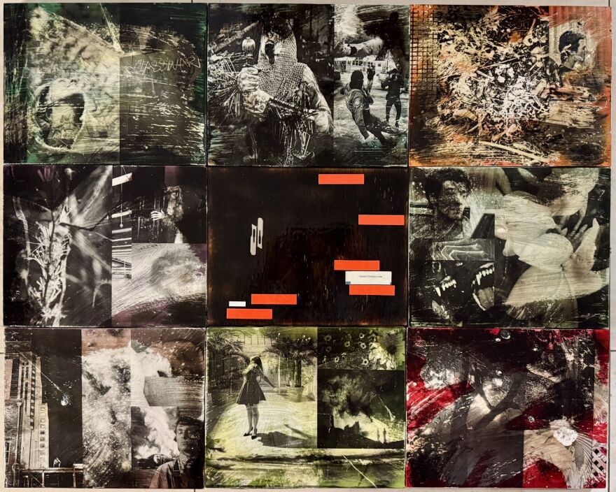 'State of the Union' by Nick Masiello is stain, blowtorch and varnish on birch wood polyptych.