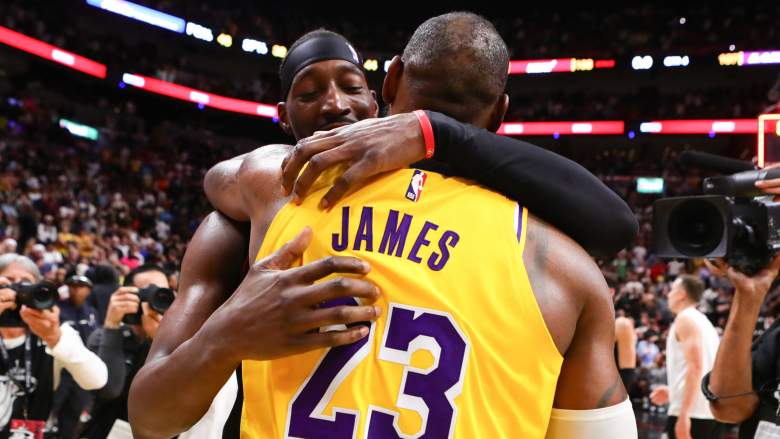Miami Heat center Bam Adebayo embraces LeBron James after a game between the Miami Heat and Los Angeles Lakers.