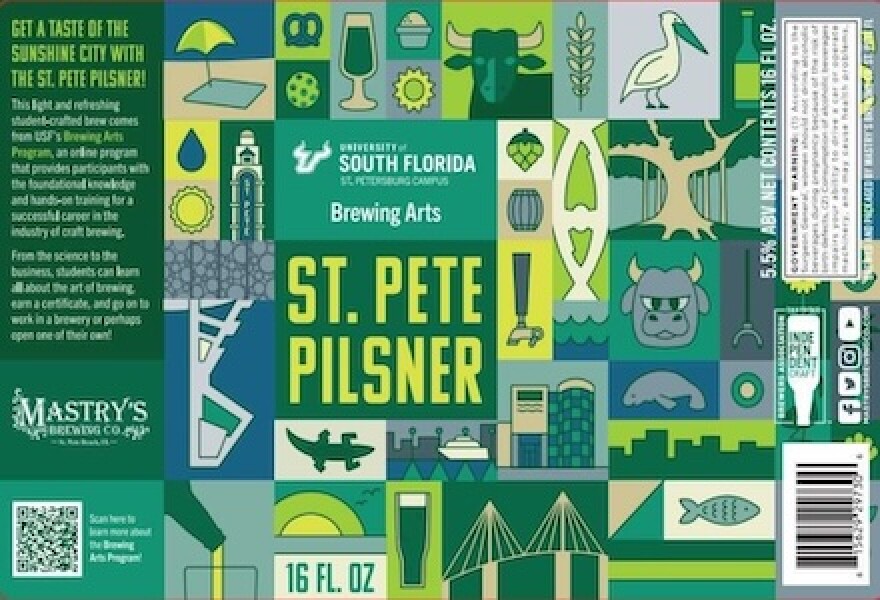 A flat beer label featuring a mostly green and gold palette with illustrations of Rocky D. Bull, signature locations of the USF St. Pete campus, sea life and palm trees, and various pieces of brewing equipment.