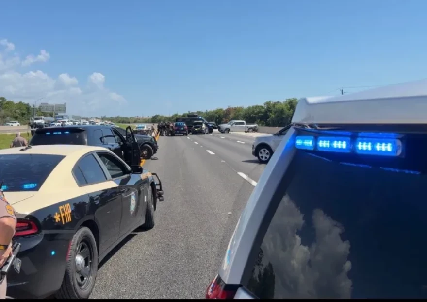 Scene at standoff between suspect in a St. Petersburg fatal shooting and law enforcement. Scene is along southbound I-75 in Lee County involving FHP troopers, and Lee County deputies.