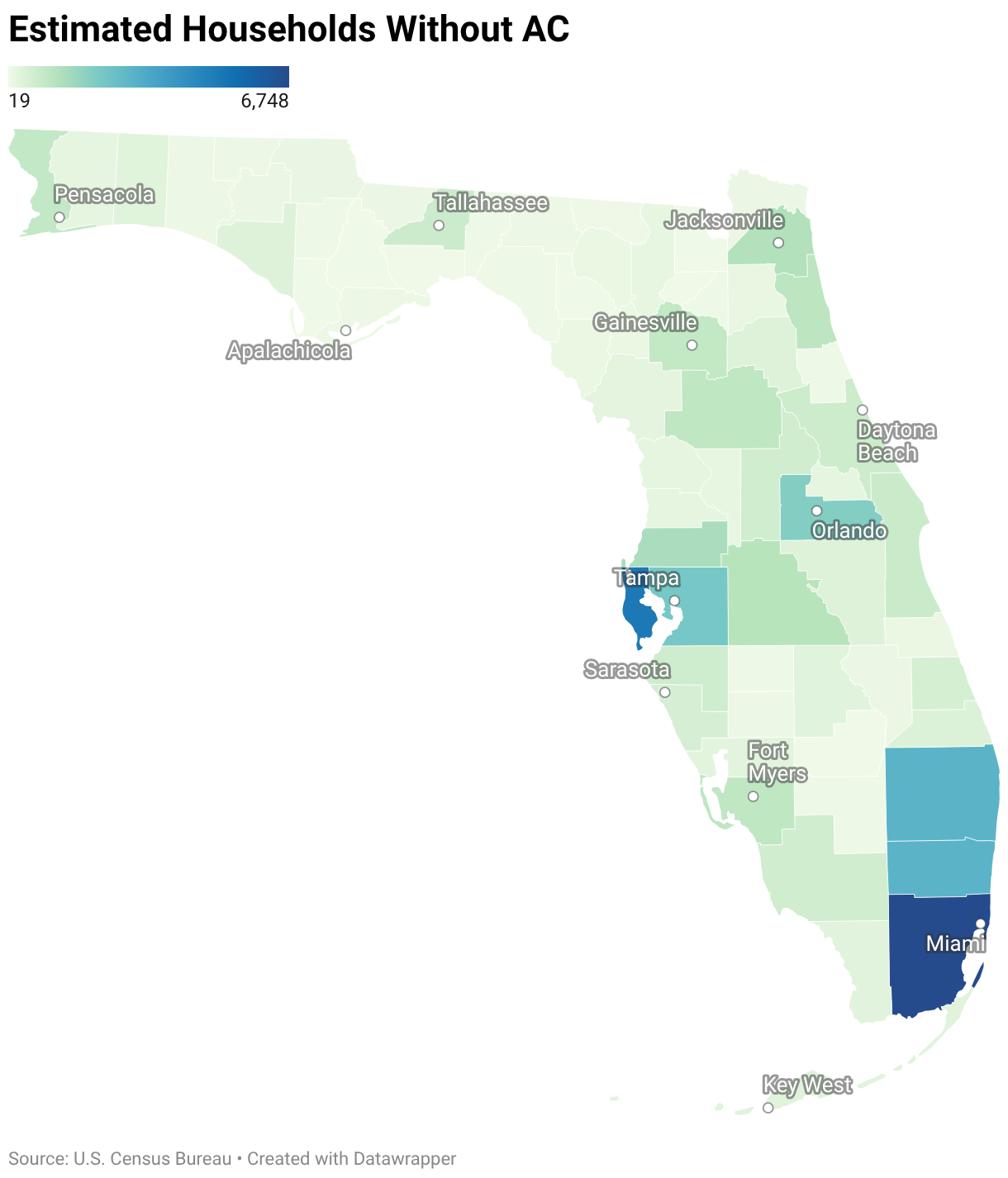 Map showing Florida households without air conditioning.