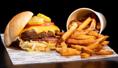 a cheeseburger with toppings and a side of fries with a black background