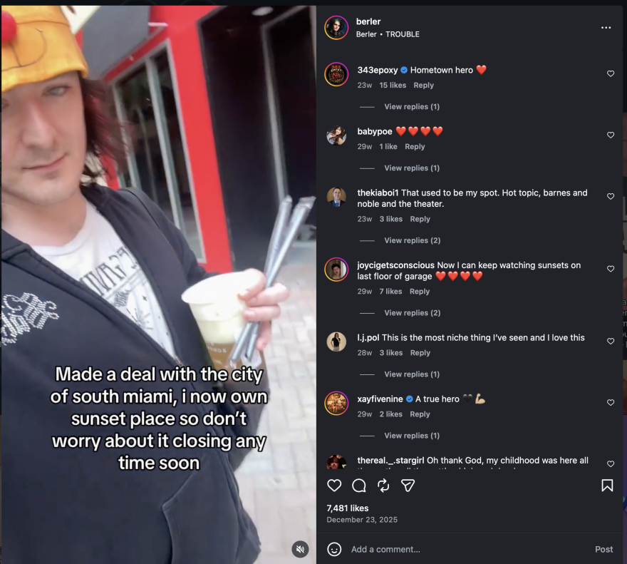 Screenshot of Berler's Dec. 2025 Instagram post that garnered thousands of likes and shares and began his turn into "mallcore" culture.
