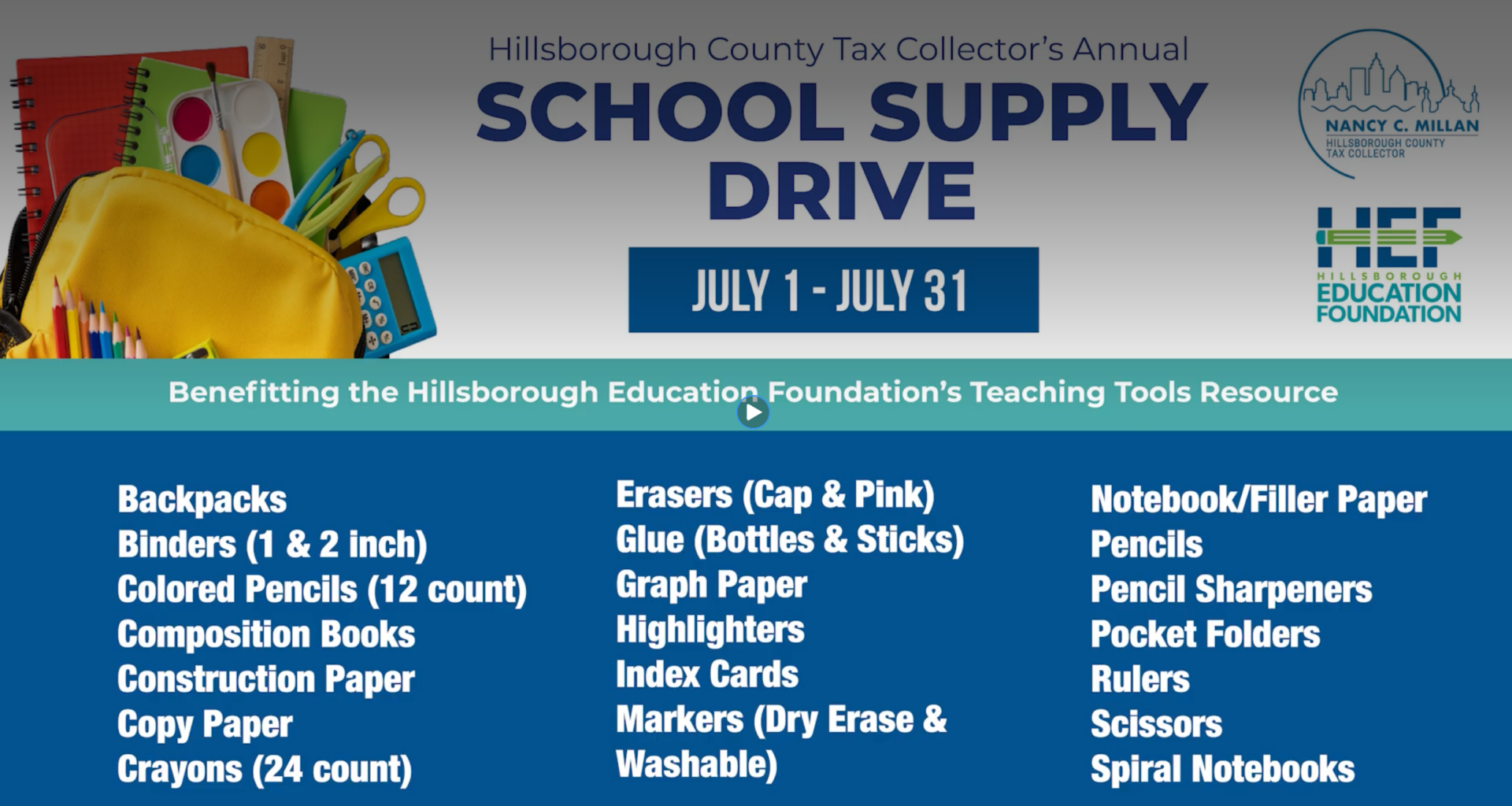 Donate School Supplies At All Tax Collector Offices
