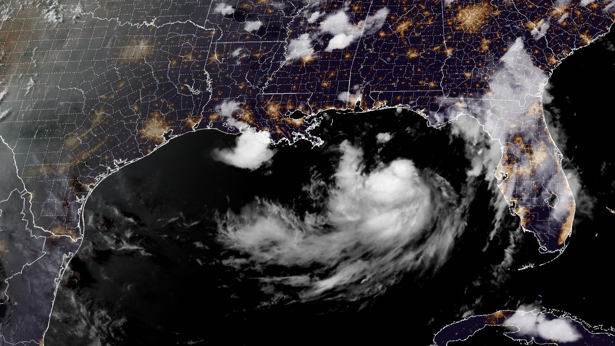 This satellite image from the National Oceanic and Atmospheric Administration taken at 7:31pm EDT shows Tropical Storm Bertha in the Gulf of Mexico on Monday, July 21, 2026.