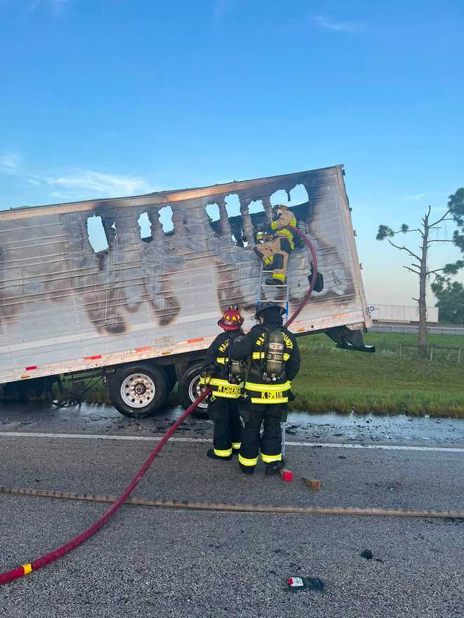 An 18-wheeler carrying potatoes caught fire on I-95 in Martin County, shutting down all southbound lanes before reopening, with no injuries reported.