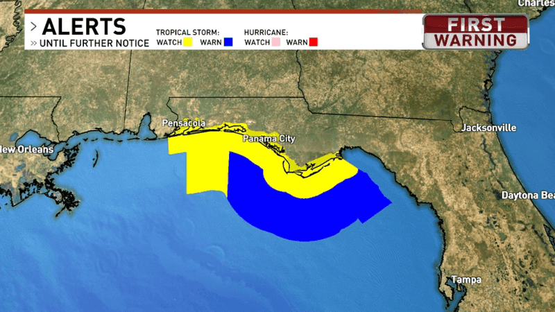 The Florida Panhandle is under a Tropical Storm Watch, indicated by the yellow color on the map.