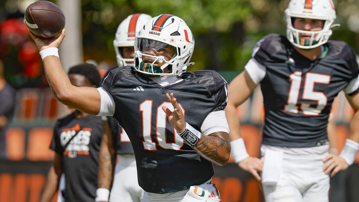 Miami Hurricanes quarterback Darian Mensah (10) passes during UM’s spring football game at Cobb Stadium on the University of Miami campus in Coral Gables, Florida, on Saturday, April 18, 2026. Miami Hurricanes quarterback Darian Mensah (10) passes during UM’s spring football game at Cobb Stadium on the University of Miami campus in Coral Gables, Florida, on Saturday, April 18, 2026.