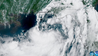 A satellite view of Tropical Storm Bertha forming over the eastern Gulf of Mexico, near Florida