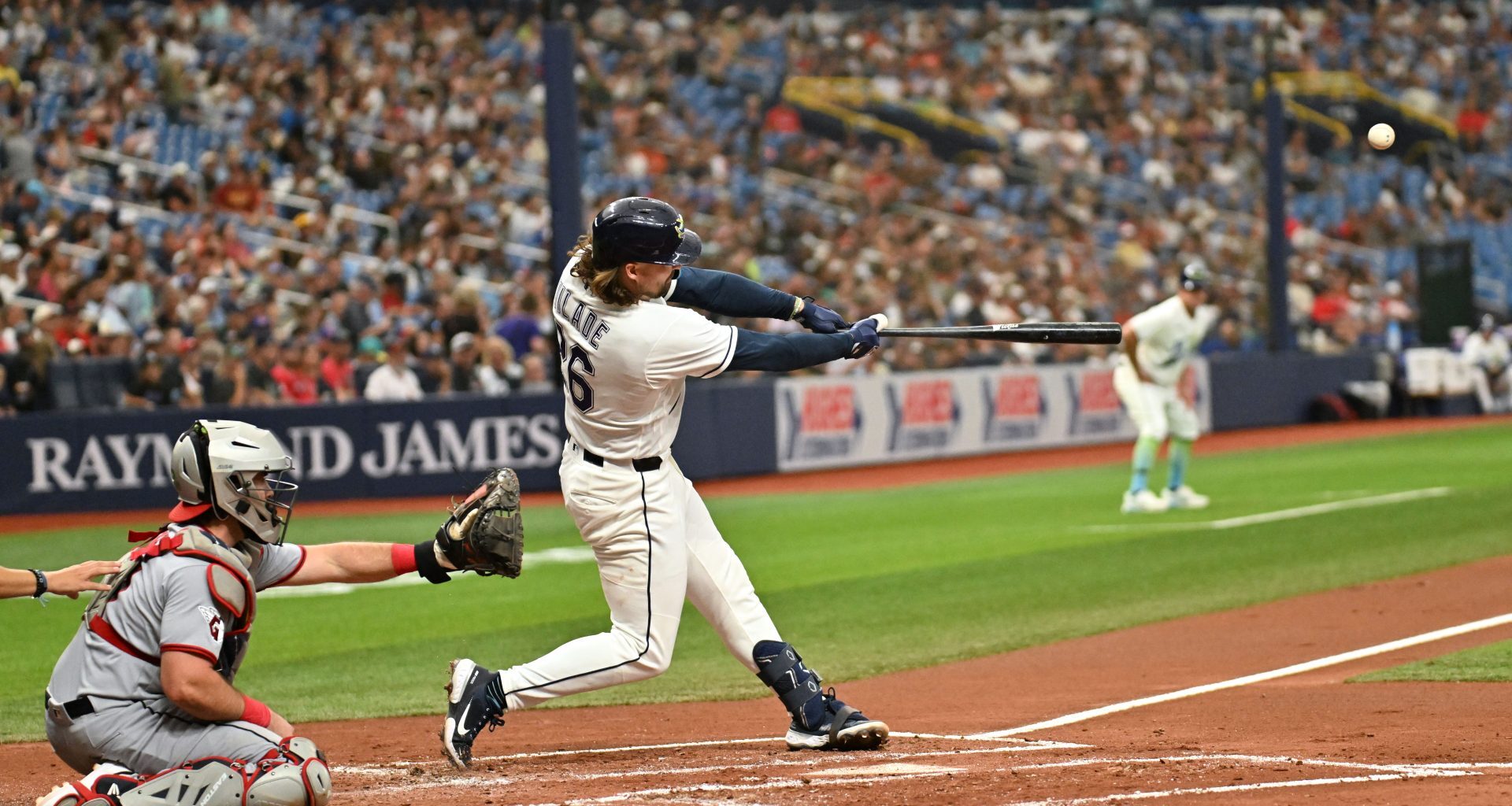 Jul 24, 2026; St. Petersburg, Florida, USA; Tampa Bay Rays second baseman Ryan Vilade (26) hits a two run home run in the second inning against the Tampa Bay Rays at Tropicana Field.