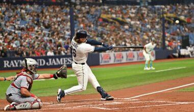 Jul 24, 2026; St. Petersburg, Florida, USA; Tampa Bay Rays second baseman Ryan Vilade (26) hits a two run home run in the second inning against the Tampa Bay Rays at Tropicana Field.